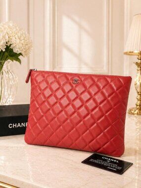 Authentic Chanel CC Quilted Clutch Red Lambskin Leather Pouch Classic Luxury